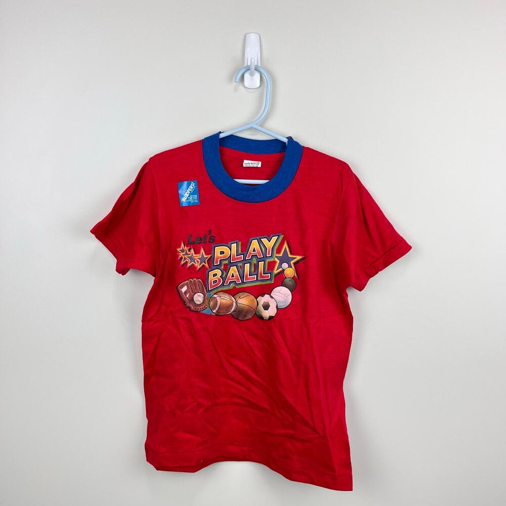 Vintage Bloopers Let's Play Ball Red T-Shirt Large 10-12 USA NWT